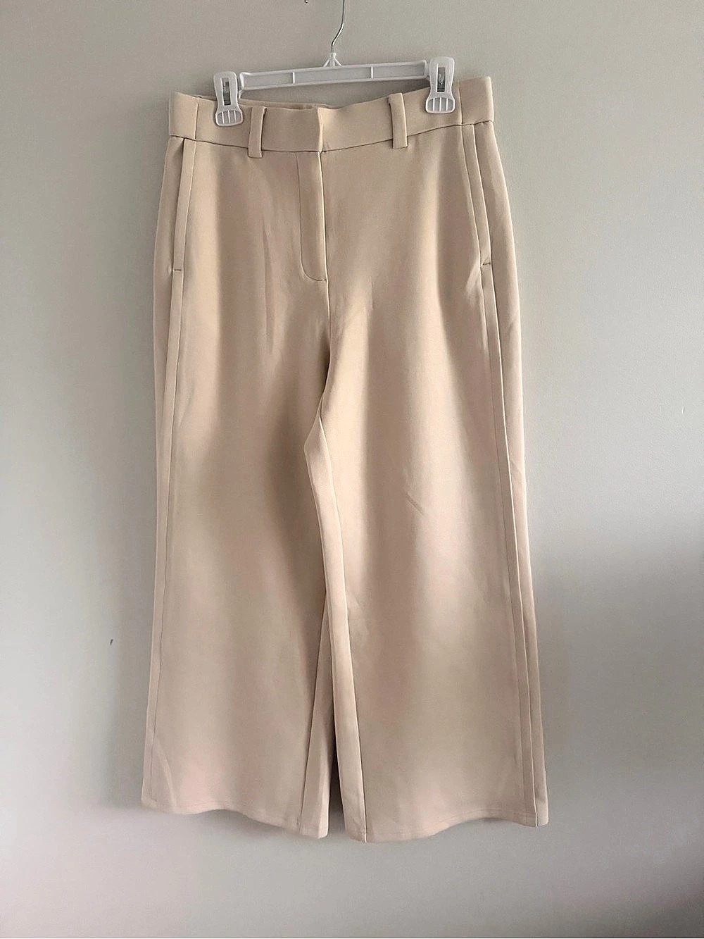 OGL Stretchy Mid Rise Fly-Front Wide Leg Trousers Cream Medium Petite